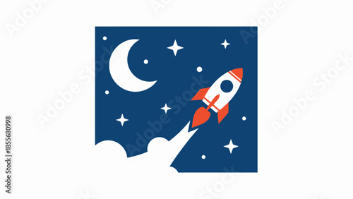 Cartoon rocket ship in space with moon and stars on square background