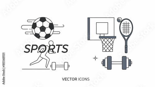 Sports icons soccer basketball tennis and fitness equipment
