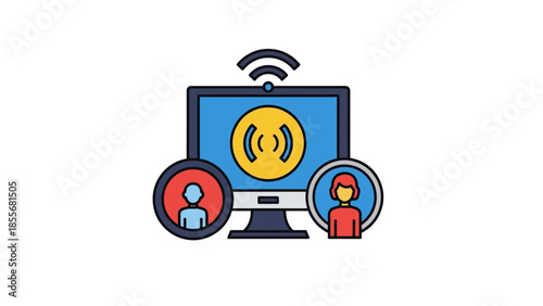 Online meeting illustration computer screen with people icons and wi fi signal