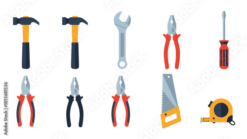Collection of hand tools hammers wrench pliers screwdriver saw and tape measure