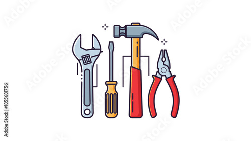 Assortment of hand tools isolated on white background for repair and construction