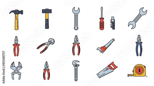 Set of various hand tools on white background for construction and repair