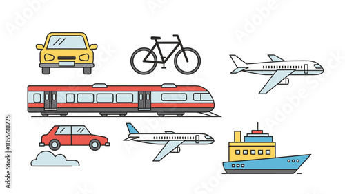 Transportation icons car bike airplane train and boat illustrations