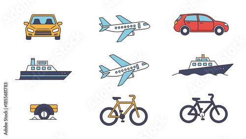 Transportation icons cars airplane boat bicycle vehicle symbols