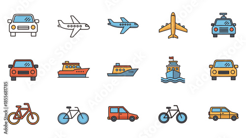 Transportation icons cars planes boats and bikes in simple colorful style