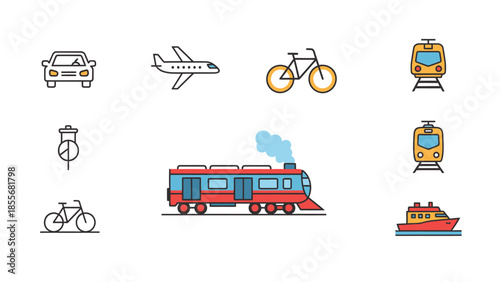 Transportation icons car airplane bicycle train boat and more