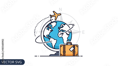 Globe with airplane and suitcase illustration for travel and tourism concept