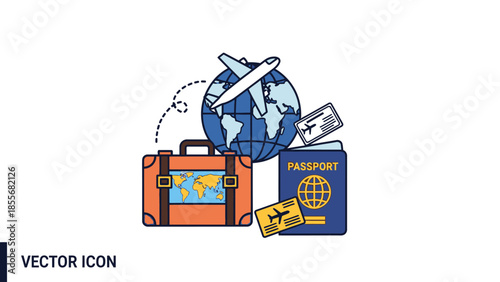 Travel icon of luggage passport tickets globe and airplane on white background