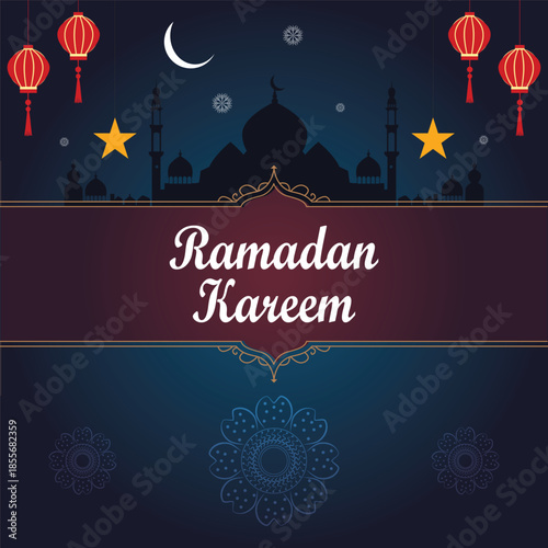 ramadan kareem greeting with mosque silhouette and