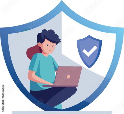 Young child browsing the internet safely behind a digital shield representing cybersecurity and parental protection illustration