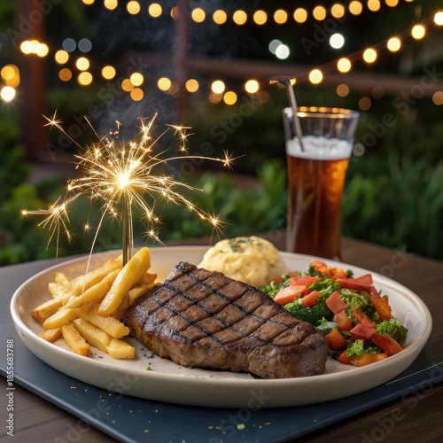 Celebratory outdoor dining experience steak dinner sparklers festive evening lights food joy