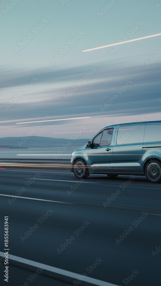 Fototapeta premium Electric delivery van speeding on coastal highway at dusk, clean transport motion, supply chain, global logistics