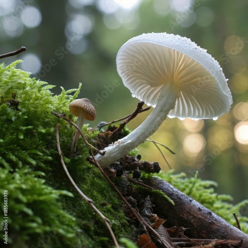 Delicate pale mushroom emerges from mossy forest floor in soft natural light