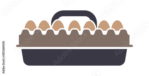 Colorful icon depicting egg storage. Egg package, holder, or box. Protects from taking on strange food scents. Store eggs in their original carton. For carrying and transport. Isolated vector image.
