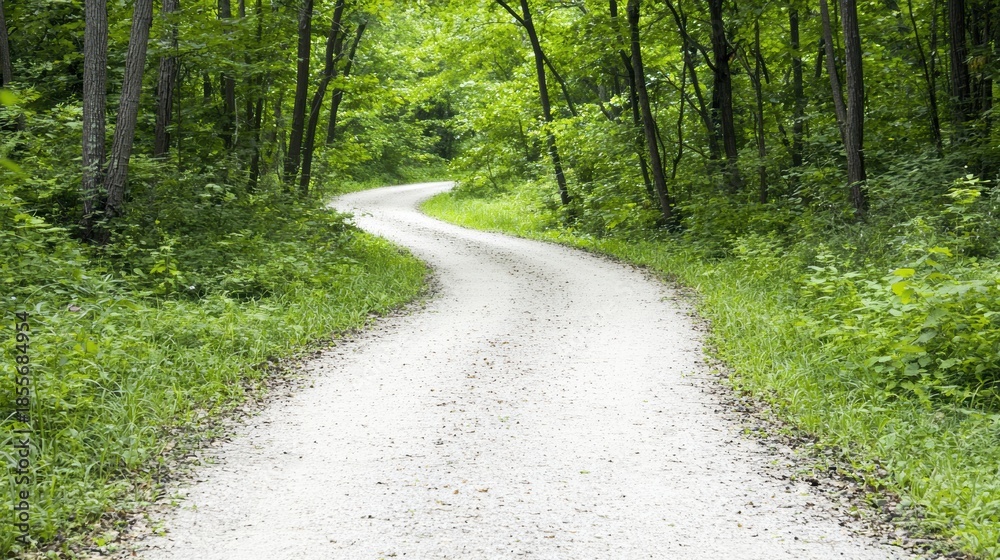 Fototapeta premium A winding gravel path through a lush green forest.