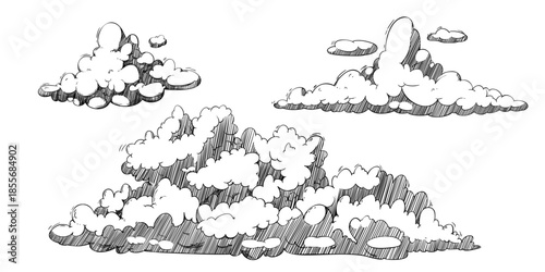 Vintage cloud sketch set in hand drawn line style - fluffy sky formations with crosshatch shading texture and retro engraving aesthetic. Vector illustrations for weather graphics backgrounds.