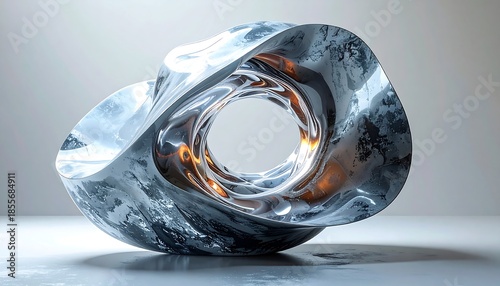 A mesmerizing, abstract sculpture featuring fluid, reflective surfaces with a central void, reflecting a warm inner glow
