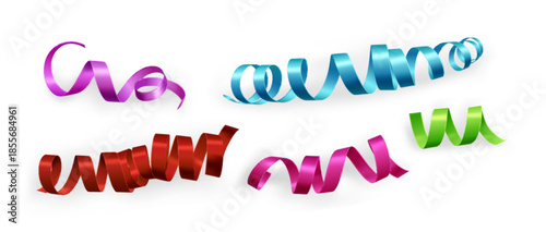 Curly color ribbons set isolated on white. Vector realistic illustration of pink, purple, red, blue, green satin tape serpentine, spiral silk strip, party decoration, greeting card design element