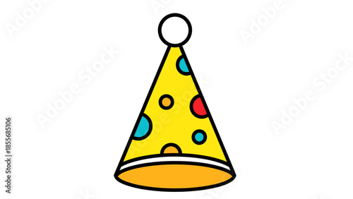 A vibrant yellow party hat adorned with colorful polka dots and a white pom-pom on top, perfect for celebrations.