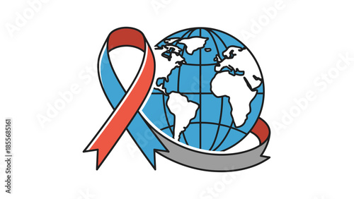 A blue globe with continents outlined in white, wrapped by a red and blue awareness ribbon, symbolizing global health and support.