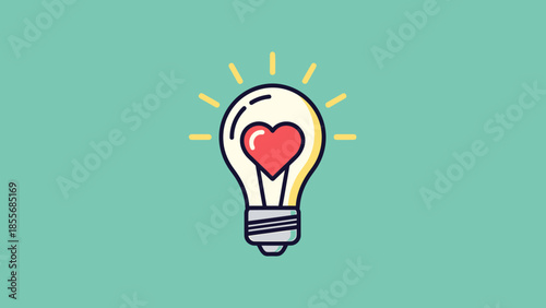 A glowing light bulb with a red heart inside, symbolizing love, ideas, and passion on a teal background.