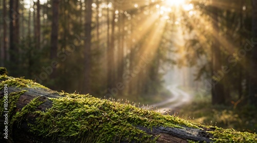 A sun-dappled forest scene,...