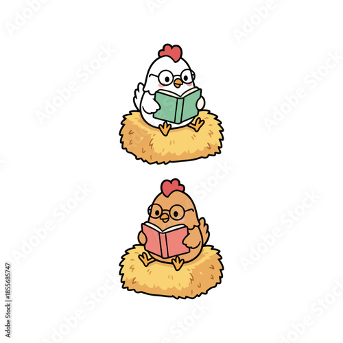 Cute cartoon chickens wearing glasses, engrossed in reading books while perched on hay bales, symbolizing knowledge and education in a charming illustration