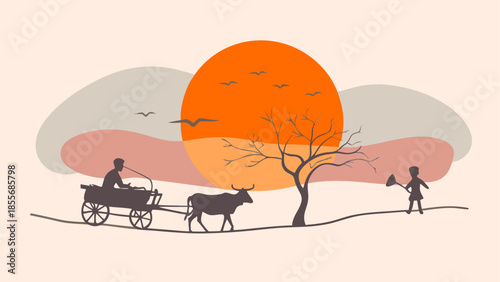 Rural sunset with ox cart and tree isolated on white background