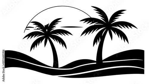 Tropical beach silhouette with palm trees isolated on white background
