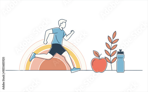 Healthy Lifestyle Illustration with Running Exercise and Nutrition