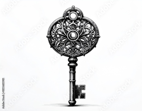 Ornate, antique key with decorative circular head, in black and white