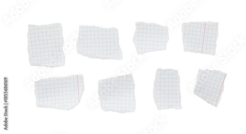Collection of torn graph paper pieces isolated on transparent background