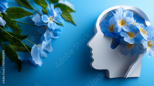 World mental health day concept, paper human head symbol with flowers on blue background, awareness campaign imagery, psychological wellness, with copy space