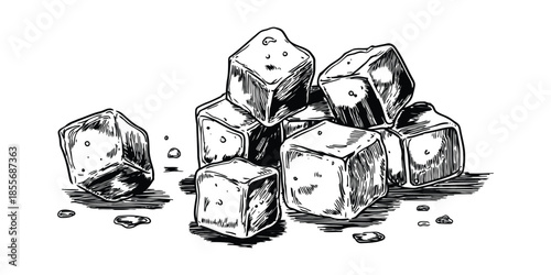 Melting ice cubes vector illustration, hand drawn black and white ice block stack with water drips, frozen cube sketch isolated on white background