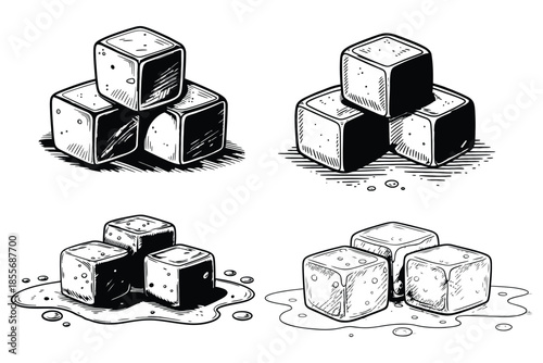 Melting ice cubes vector illustration, hand drawn black and white ice block stack with water drips, frozen cube sketch isolated on white background