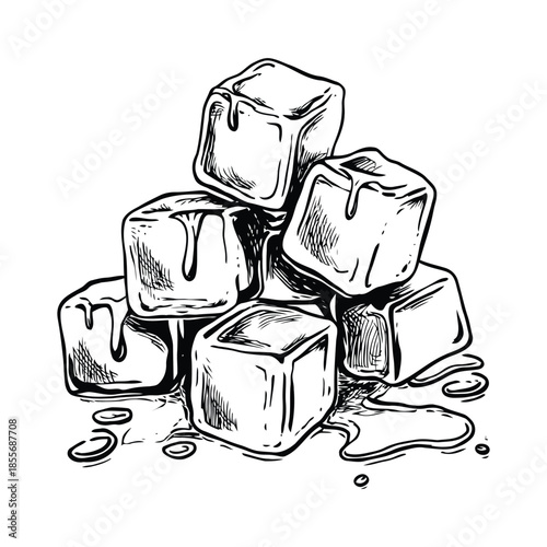 Melting ice cubes vector illustration, hand drawn black and white ice block stack with water drips, frozen cube sketch isolated on white background