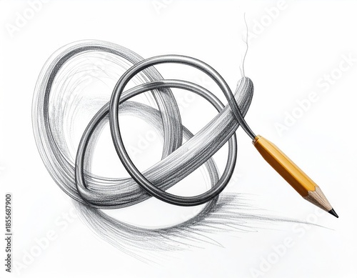 Pencil drawing loops out from a pencil tip, creating a tangled shape