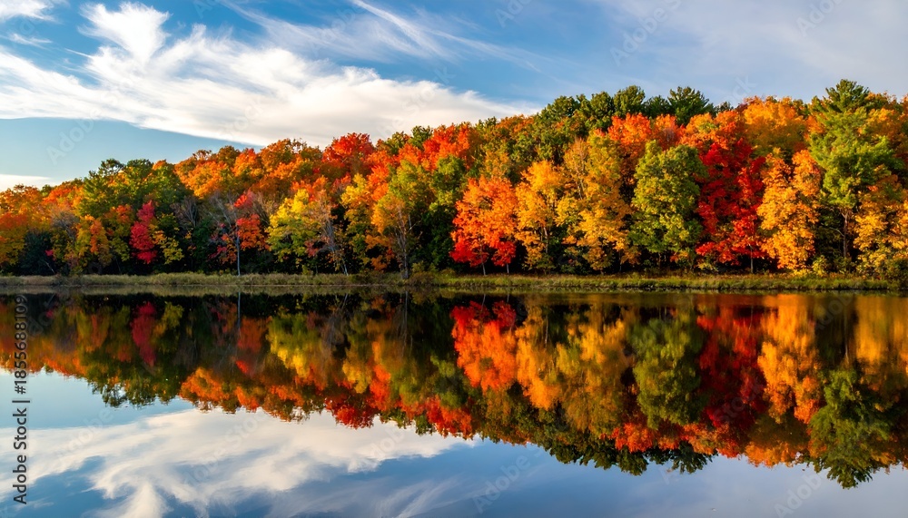 Fototapeta premium Vibrant autumn foliage frames a tranquil lake under a blue sky, reflecting perfectly
