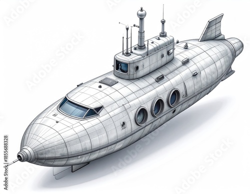 Isometric illustration of a retro-futuristic, white submarine
