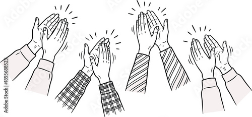 Hand-drawn clapping hands illustration, black and white sketch, applause gesture, celebration symbol, diverse sleeves design - flat vector illustration