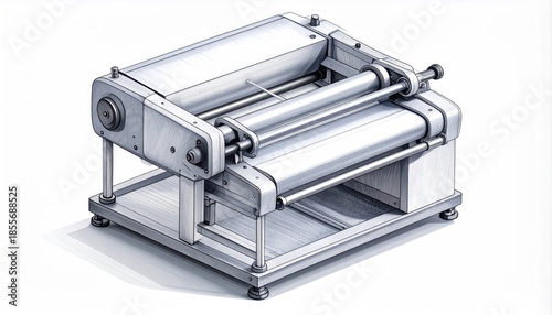 Mechanical machine with rollers, gears, and a sturdy metal frame