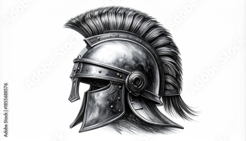 Detailed illustration of an ancient metal warrior helmet with a tall plume