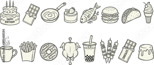 Hand-drawn food doodles, cute cartoon snacks, birthday cake, drinks, desserts, fast food, playful sketch icons - flat vector illustration