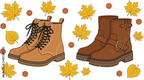 Autumn boots illustration, seasonal fashion concept, lace-up and buckle styles, surrounded by leaves and buttons - flat vector illustration
