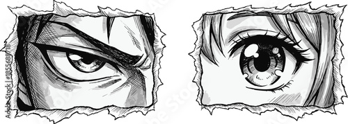 Anime manga eye expression, dramatic torn paper effect, emotional gaze, intense and soft look, character design detail - flat vector illustration