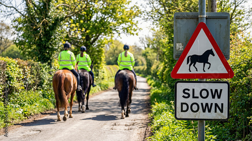 Horse Riders Wearing High Visibility Jackets on Narrow Country Road