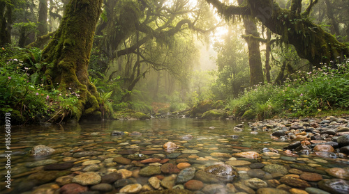 A serene forest scene, with...
