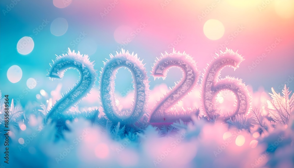 Naklejka premium Frosted crystal numbers for 2026 resting among delicate snowflakes and ice crystals with a soft pink and blue bokeh background 
