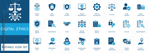 Digital ethics and AI governance icon set. Professional symbols for cyber security, data privacy, responsible artificial intelligence, transparency, and online safety.