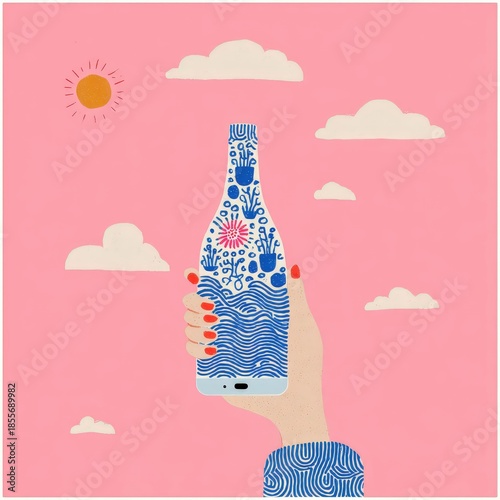 Una mano sosteniendo una botella con un diseño inspirado en la naturaleza.